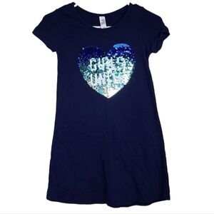 Justice Girls 10 Navy Blue Sequin Heart Soft French Terry Short Sleeve Dress